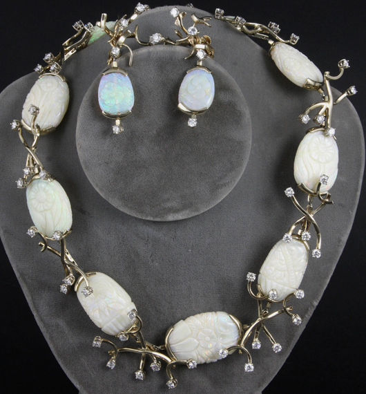 Leon Paule 14K gold carved-opal and diamond jewelry suite. Neclace 18.5 inches long. Total weight 5.5ozt. Est. $20,000-$30,000. Courtesy Kaminski Auctions.