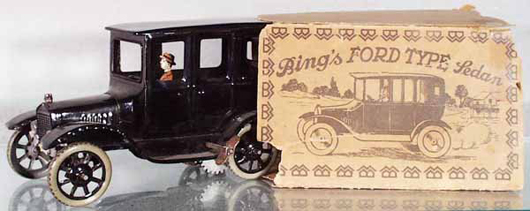 Several presale bids have already been placed on this litho tin Ford Sedan, which was made by Bing. It has a $300-$600 estimate. Image courtesy Lloyd Ralston Gallery.