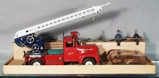 One firefighter is missing from this boxed Schuco 6080 Elektro Fire Engine. Otherwise it is in like-new condition and has a $600-$800 estimate. Image courtesy Lloyd Ralston Gallery.