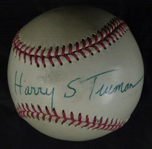 Harry S. Truman (1894-1972) signed this baseball on the sweet spot. A tough presidential autograph to come by, this example has an estimate of $2,000-$3,800. Image courtesy Written Word Autographs.