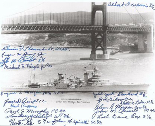 Nineteen survivors of the USS Indianapolis signed this 8-by-10 photo of the battleship, which was torpedoed and sunk by a Japanese submarine in the final weeks of World War II. A reminder of the worst naval disaster in U.S. history, the photo has a $400-$700 estimate. Image courtesy Written Word Autographs.