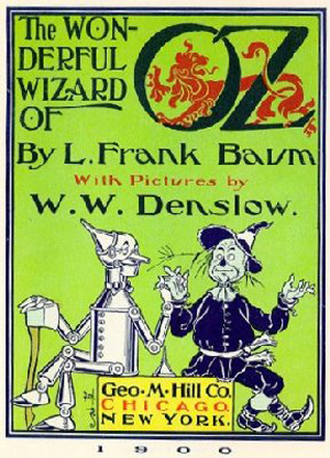 Cover image of L. Frank Baum's 1900 book The Wonderful Wizard of Oz. Public domain image.