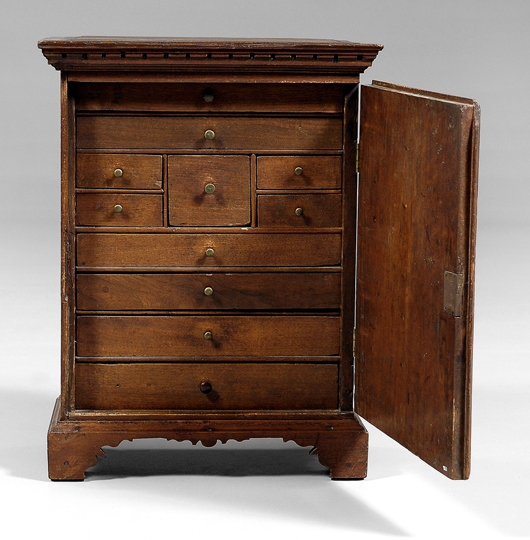 This circa-1770 Chippendale spice chest in walnut with poplar secondary was originally purchased in Petersburg, Virginia. The 23¾ inch by 17¼ inch by 9½ inch chest is estimated to bring $4,000 to $6,000. Image courtesy Brunk Auctions.