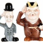 This pair of salt and pepper shakers was made to depict Laurel and Hardy, the famous comedians. It dates from about 1950 and is marked with a paper sticker that says 'Japan.' It sold for $173 at a Hake's Americana & Collectibles auction in York, Pa.