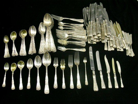 Tiffany & Co. sterling silver flatware set, 1889 Wave pattern, 117 pieces, 142.22 troy ounces, estimate $4,000-$6,000. Courtesy Mid-Hudson Auction Galleries.