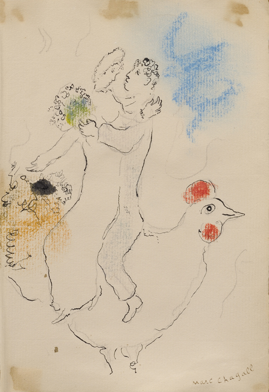 Marc Chagall (French/Russian, 1887-1985), Two Lovers on a Rooster, signed unk, graphite, and crayon on laid paper. Est. $40,000-$60,000. Provenance: Estate of Anna Eleanor Roosevelt Grasso, Essex, Conn. Image courtesy LiveAuctioneers.com and Skinner Inc.