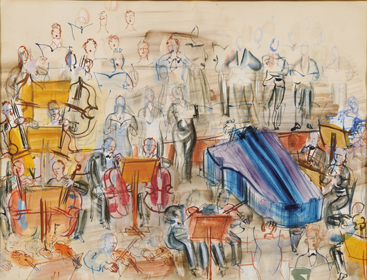 Raoul Dufy (French, 1877-1953), Grand Orchestre, 1948, watercolor and ink on paper. Est. $75,000-$125,000. Provenance: Estate of Anna Eleanor Roosevelt Grasso, Essex, Conn. Image courtesy LiveAuctioneers.com and Skinner Inc.