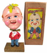 'Mr. Bighead' is a Japanese celluloid toy made before World War II. He is said to represent an American, while the insect on his head represents Japan. His eyes and mouth move. The mint in-the-box toy sold at Keith Spurgeon's Mosby & Co. Auctions in Frederick, Md., for $3,191.