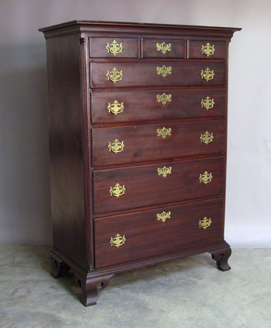 With replaced feet and brasses, this Pennsylvania Chippendale walnut tall chest has a modest $1,000-$1,500 estimate. Image courtesy Pook and Pook Inc.