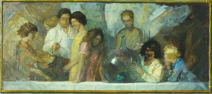 Beneath this study painting of the Wyeth family is a painting by N.C. Wyeth that was used as a magazine illustration in 1919. Image courtesy Brandywine Museum.