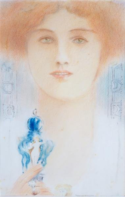 Un Masque a la Tenture, crayon on paper by Fernand Khnopff, estimate $50,000-$70,000. Image courtesy LiveAuctioneers.com and Leslie Hindman Auctioneers.