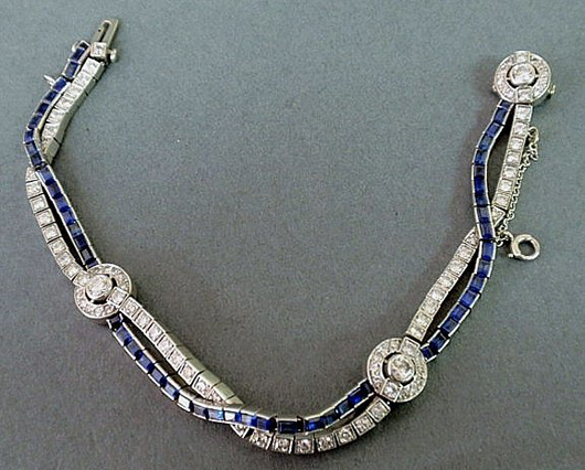 Marked 'BBB' for Bailey, Banks & Biddle, this circa 1920 necklace has 87 round brilliant and single-cut diamonds and 54 baguette-cut sapphires. It is estimated to bring $4,000-$5,000. Image courtesy Wiederseim Associates Inc.