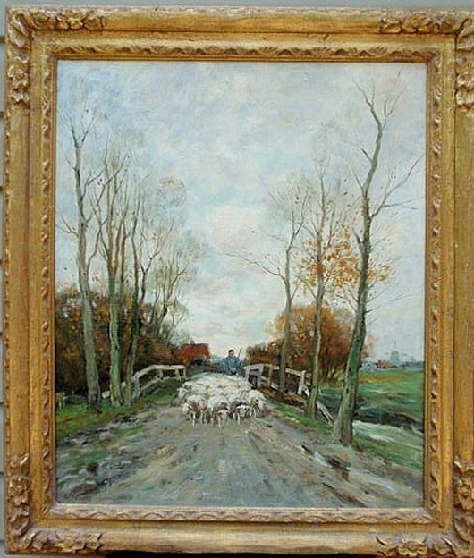 Charles Paul Gruppe's (Netherlands/American, 1860-1940) oil on canvas painting of sheep measures 30 inches high by 25 inches wide. Image courtesy Wiederseim Associates Inc.
