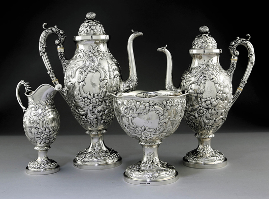 Andrew Ellicott Warner of Baltimore produced this fine coin silver repousse coffee and tea service around 1835-1850. Weighing 126.6 troy ounces, the set has a $6,000-$8,000 estimate. Image courtesy Neal Auction Co.