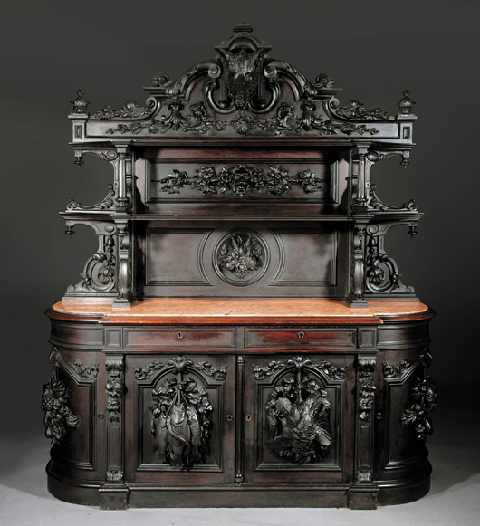 This important American Renaissance walnut sideboard is attributed to Alexander Roux of New York. It carries a $35,000-$45,000 estimate. Image courtesy Neal Auction Co.