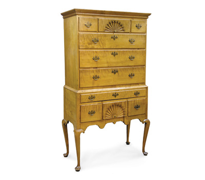 New Hampshire tiger maple Queen Anne-style highboy. Image courtesy Clars Auction Gallery.