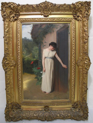 Emile Levy oil on canvas of woman in doorway, estimate $9,000-$14,000.