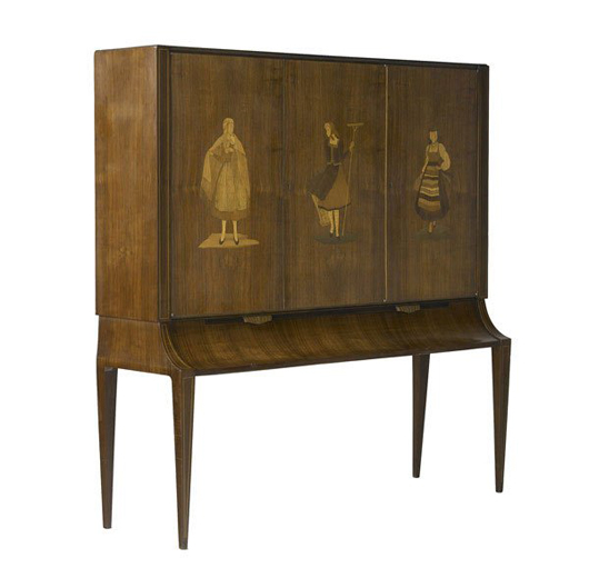 An Italian marquetry-decorated walnut cabinet with interior drawers and shelves and pull-out shelf is 60 3/4 inches high by 58 3/4 wide. It has a $3,000- $5,000 estimate. Image courtesy Sollo Rago.