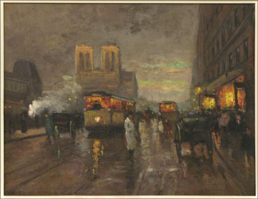 Edouard Leon Cortes (French, 1882-1969) included the Notre Dame cathedral in this Paris street scene. The large oil on canvas painting has a $15,000-$20,000 estimate. Image courtesy Susanin's.