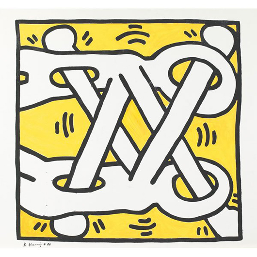 This is one of three ‘Art Attack on AIDS' artist's proof sceenprints by Keith Haring in the 20th Century Art & Design Auction. Each has a $15,000-$20,000 estimate. Image courtesy Treadway Toomey Galleries.