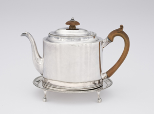Crafted by English silversmith Hester Bateman, this silver teapot on stand with typical neo-classical decoration is expected to sell for $2,000-$3,000 in Cowan's Oct. 2, 2009 Fine and Decorative Art Auction. Image courtesy Cowan's.