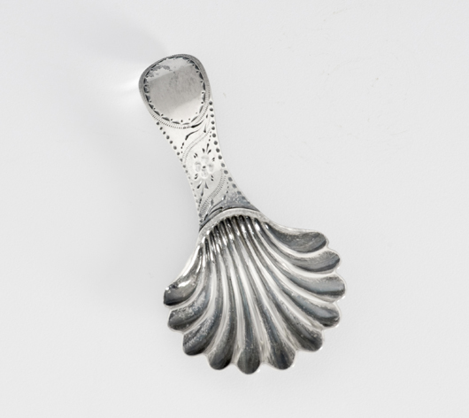 A Hester Bateman silver tea caddy spoon with bright-cut decoration is estimated to sell for $300-$500 in Cowan's Oct. 2, 2009 Fine and Decorative Art Auction. Image courtesy Cowan's.