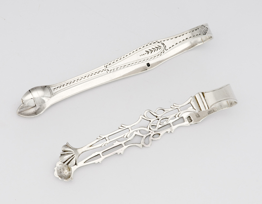 These sugar tongs feature Hester Bateman's innovative ajuré and bright-cut decoration. They are estimated to sell for $400-$600 in Cowan's Oct. 2, 2009 Fine and Decorative Art Auction. Image courtesy Cowan's.