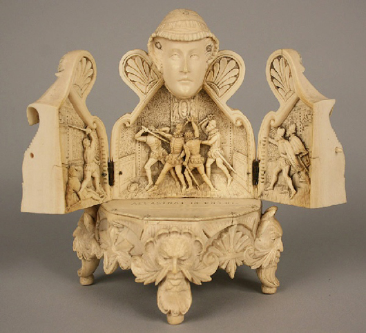 Late-19th-century carved-ivory triptych depicting Mary, Queen of Scots, 6 inches in height. Estimate $1,200-$1,600. Image courtesy Case Antiques.