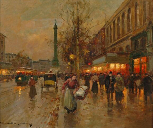 The City of Light is warmly depicted in Edouard Leon Cortes' ‘Place de la Bastille.' The 18- by 22-inch oil on canvas painting has a $25,000-$30,000 estimate. Image courtesy Simpson Galleries.