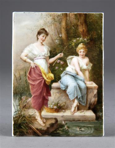Possibly KPM, this Continental hand-painted porcelain plaque measures 7 3/4 by 5 3/5 inches. Inscribed on the reverse is ‘Eine Schwimmlection, Vienna.' Image courtesy Simpson Galleries.