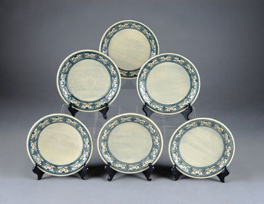 A rare set of six art pottery plates by longtime Newcomb College artist Marie De Hoa LeBlanc has a $20,000-$30,000 estimate. Image courtesy Simpson Galleries.