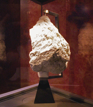 At 4.5 billion years old, this anorthosite from the moon's surface is approximately the same age as the moon itself. Made mostly of plagioclase feldspar, it is thought to be a sample of the Moon's early feldspar crust. Collected by Apollo 16 near the Descartes Crater and currently on display at the National Museum of Natural History in Washington, D.C. Public domain image courtesy Wikimedia Commons.