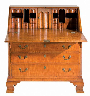 Striking late-18th-century Chippendale tiger maple desk, made in Pennsylvania (est. $5,000-$10,000). Image courtesy Leland Little Auctions & Estate Sales.
