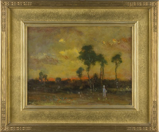 Original oil on canvas rendering of a sunset by American painter Elliott Dangerfield (est. $15,000-$25,000). Image courtesy Leland Little Auctions & Estate Sales.