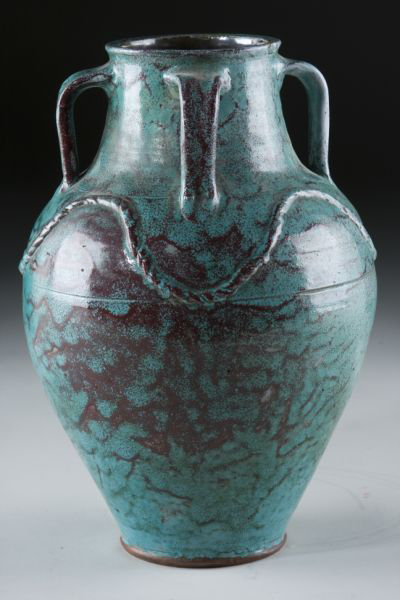 Jugtown Chinese blue Persian jar, made in the 1930s, rare form, rich red and blue (est. $3,000-$6,000). Image courtesy Leland Little Auctions & Estate Sales.