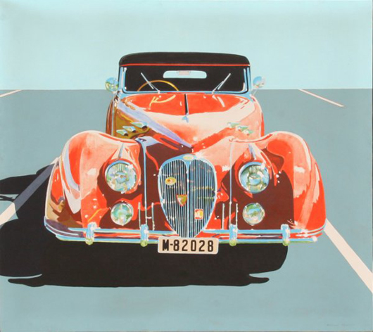 Phyllis Krim's renditions of classic cars are usually void of background detail except for a horizontal line. This 48- by 54-inch acrylic on canvas painting titled ‘Delahaye' has a $12,000-$15,000 estimate. Image courtesy Ro Gallery.