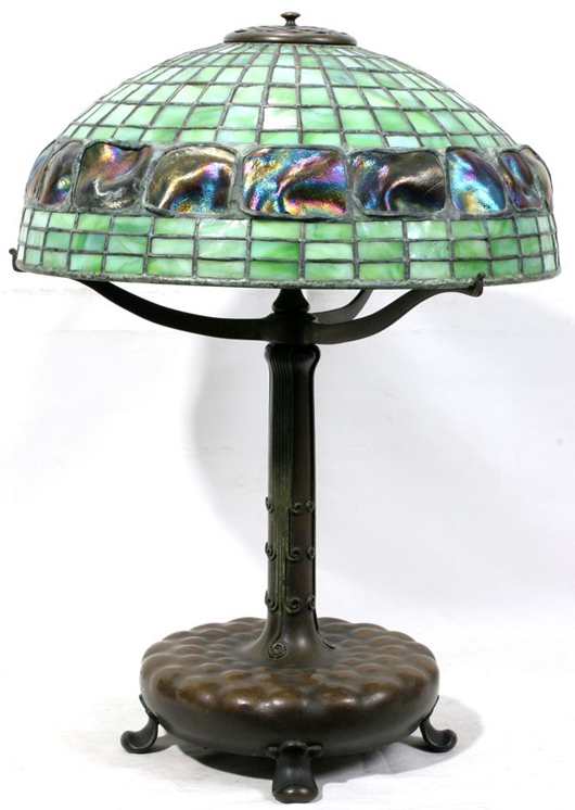 A fine example of a Tiffany Studios turtle-back leaded glass lamp has a $20,000-$30,000 estimate. The 22-inth-high lamp will kick off Sunday's session. Image courtesy DuMouchelles.