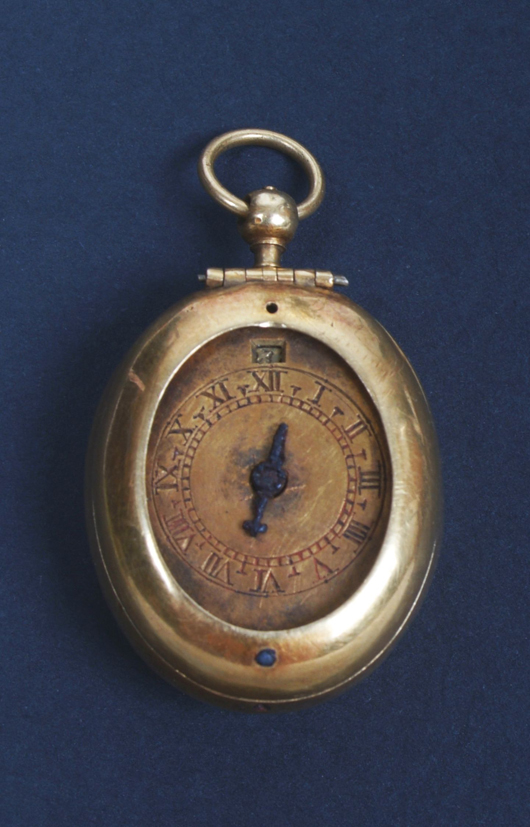 A 17th-century Dutch gold oval Puritan watch by Jan Jansse Boekels the Younger, The Hague, circa 1635, that realized £19,000 ($31,300) winning bid against an estimate of £3,000-5,000. 