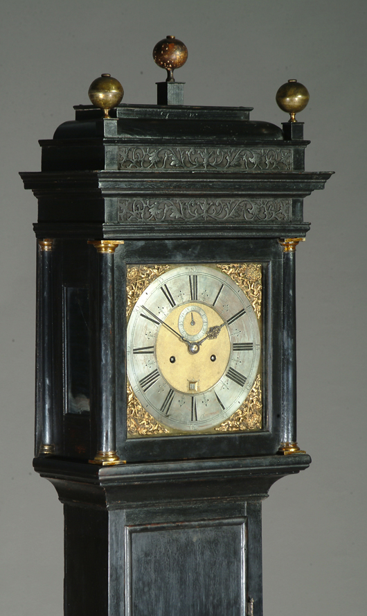 A fine Queen Anne eight-day longcase clock by John Knibb, Oxford that sold for £23,000 ($38,000) at Dreweatts in Newbury. 