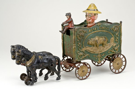 Hubley cast-iron Royal Circus Farmer Van. Farmer’s head raises and revolves as the wagon rolls along. Estimate $1,500-$2,500. Image courtesy LiveAuctioneers.com and Lang’s.
