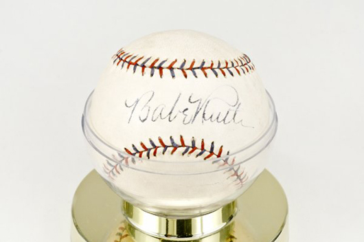 Baseball with signature attributed to Babe Ruth. Estimate $3,000-$5,000. Image courtesy LiveAuctioneers.com and Lang’s.