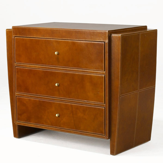 This leather-covered dresser in the Style of Jacques Adnet sold for $3,660. It was from the collection of designer Juan Montoya. Image courtesy Sollo Rago.