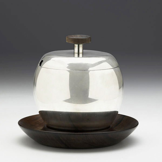 This Danish silver ice bucket with a fitted teak base carried the hallmark 