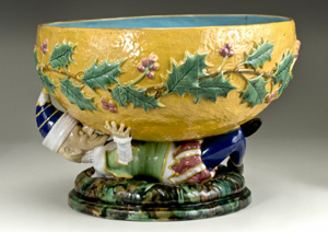 Rare late-19th-century majolica punchbowl featuring the character Punch from Punch and Judy. George Jones logo. Estimate $5,000-$7,500. Image courtesy LiveAuctioneers.com and Lang’s.