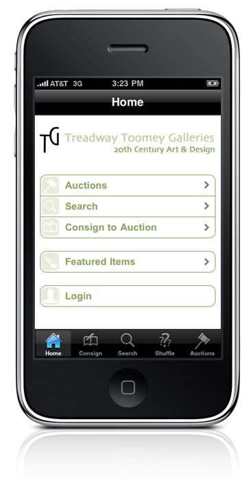 Same caption for both: Treadway Toomey Galleries' new customized iPhone app created by LiveAuctioneers App Technologies.