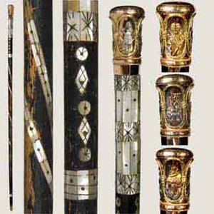 Multi-color Gold Rush-style cane, late 19th century, stamped 14K gold handle. Estimate $12,000-$16,000. Image courtesy Kimball M. Sterling Inc.