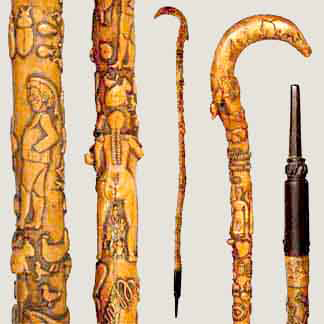 Melvin E. Cummings folk-art cane, early 19th century, from the estate of the artist. More than 100 objects and symbols carved onto the cane. Estimate $4,000-$6,000. Image courtesy Kimball M. Sterling Inc.