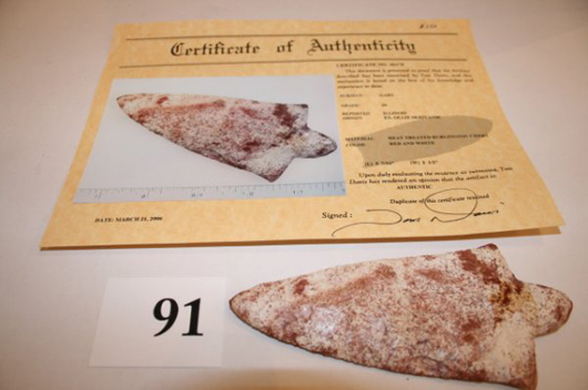 Bidding has been heavy on this 5 3/8-inch Burlington chert Gary point, ex Ollie Skrivanie Collection. It comes with a certificate of authenticity from Tom Davis, a leading authenticator from Stanton, Ky. Image courtesy Old Barn Auction.