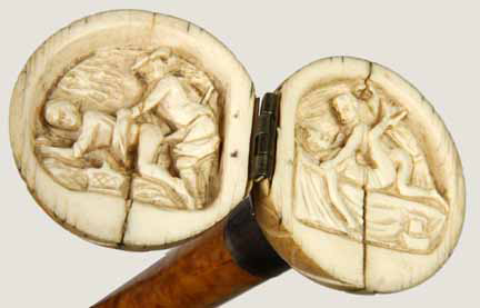 Erotic ivory cane, mid-18th century, very rare. Estimate $10,000-$12,000. Image courtesy Kimball M. Sterling Inc.