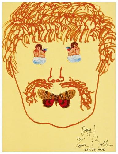 The author of many novels, Tom Robbins is best known for his ‘Another Roadside Attraction' (1971), ‘Even Cowgirls Get the Blues' (1976) and ‘Skinny Legs and All' (1990). His mixed media self-portrait has a modest $1,200-$1,800 estimate.